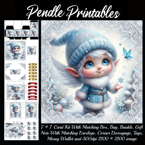 Sweet winter elf smiles gently as a blue butterfly dances through snowflakes. 9 Piece 7x7 Complete Kit