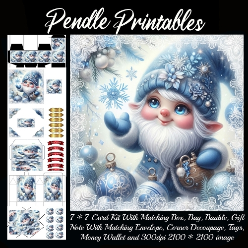 Smiling winter gnome admires a floating snowflake among sparkling blue ornaments. 9 Piece 7x7 Complete Kit