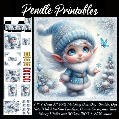 Sweet winter elf smiles softly while a blue butterfly circles drifting snowflakes.9 Piece 7x7 Complete Kit