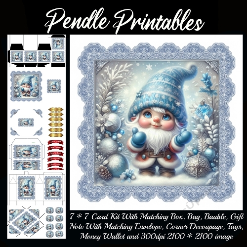 Cheerful winter gnome smiles warmly beneath falling snow and shimmering blue ornaments.9 Piece 7x7 Complete Kit