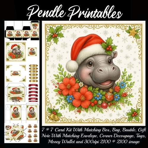 Smiling Christmas hippo wearing Santa hat surrounded by festive flowers and holly. 9 Piece 7x7 Complete Kit