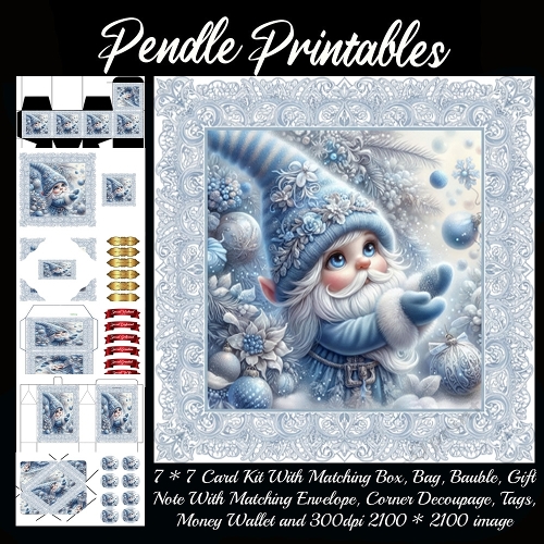 Enchanting winter gnome catching sparkling snowflakes among frosty flowers and ornaments. 9 Piece 7x7 Complete Kit