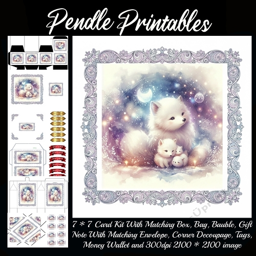 Fluffy fox family cuddles beneath moonlit winter stars in a dreamy glow. 9 Piece 7x7 Complete Kit