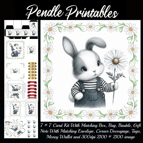 Sweet bunny holds daisy, surrounded by soft floral charm and innocence.9 Piece 7x7 Complete Kit