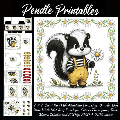 Happy Little Skunk with Daisy Flower Cute Woodland Friend. 9 Piece 7x7 Complete Kit
