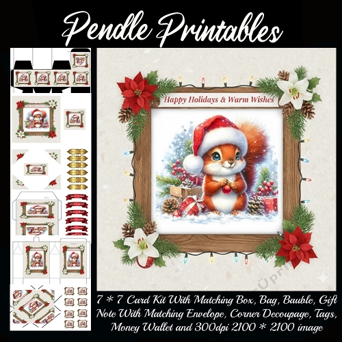 Berry Squirrel Wishes Big Joy While Guarding One Shiny Ornament. 9 Piece 7x7 Complete Kit
