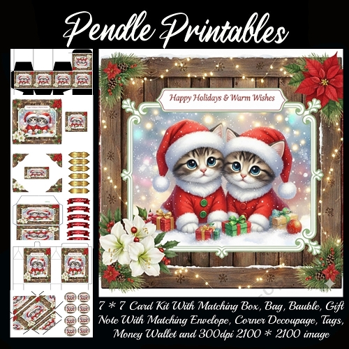 Merry and Mistle Kitten Twins Guard Christmas Wishes Together. 9 Piece 7x7 Complete Kit