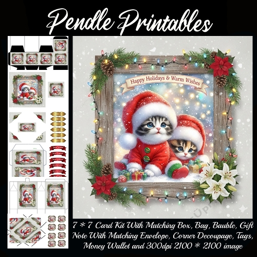 Jolly and Pippin Kitten Twins Wait Patiently For Christmas Morning. 9 Piece 7x7 Complete Kit