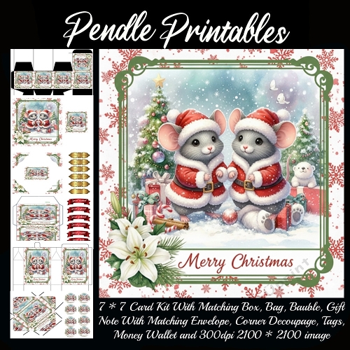 Mistle and Merry Mouse Twins Share Secret Christmas Promises Together. 9 Piece 7x7 Complete Kit