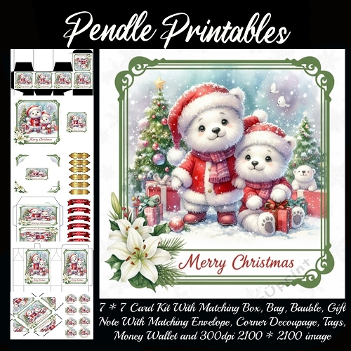 Snowball and Marshmallow Bears Share Christmas Joy Wrapped In Love. 9 Piece 7x7 Complete Kit