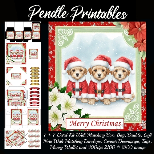 Buddy Biscuit And Patch Sit Proud Ready For Christmas Cheer. 9 Piece 7x7 Complete Kit