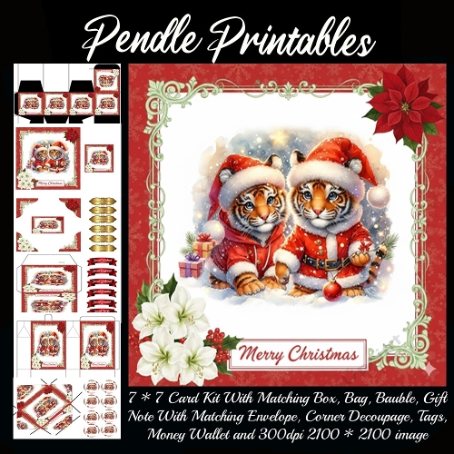 Santa Tiger Cubs Share Gifts Friendship Snowy Christmas Night. 9 Piece 7x7 Complete Kit