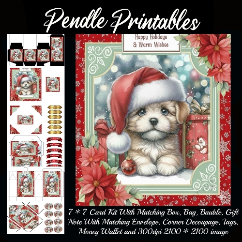 Sleepy Santa Pup Benny Guarding Presents With Big Holiday Dreams. 9 Piece 7x7 Complete Kit
