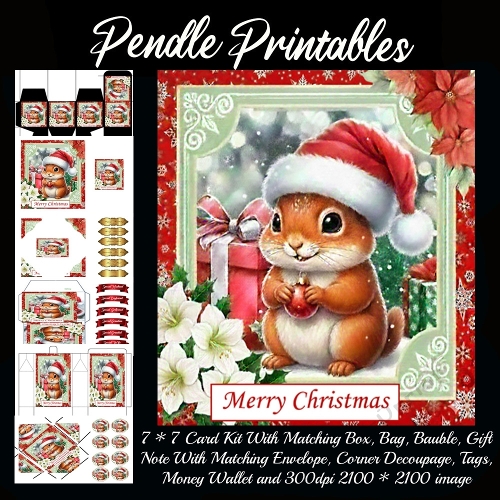Jinglebug the Squirrel Hugging Christmas Joy With Shiny Ornament. 9 Piece 7x7 Complete Kit