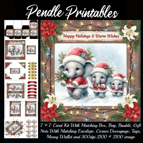 Jolly Little Elephant Family Sharing Cozy Christmas Joy Together. 9 Piece 7x7 Complete Kit