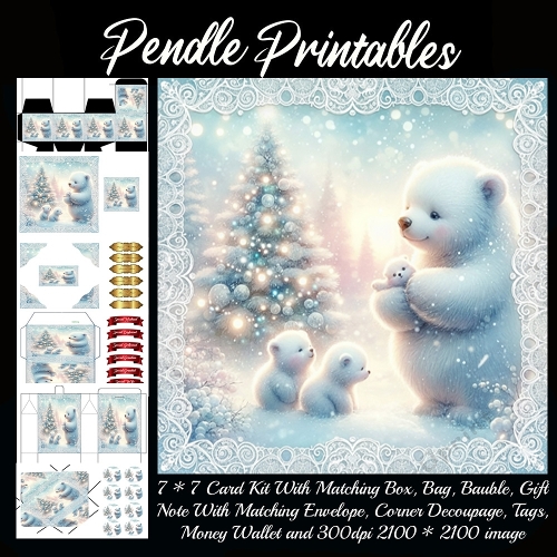 Mama Aurora Cradles Snowpuff Cubs Beside Glowing Christmas Tree Night. 9 Piece 7x7 Complete Kit