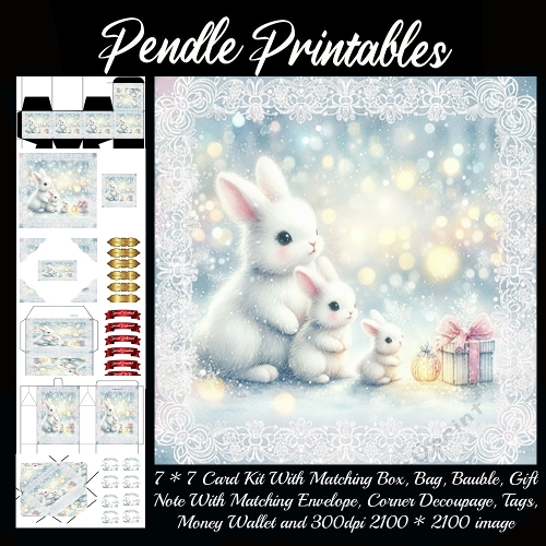 Mama Luna Guides Snowbloom Bunnies Toward Gifts Beneath Soft Winter Light. 9 Piece 7x7 Complete Kit