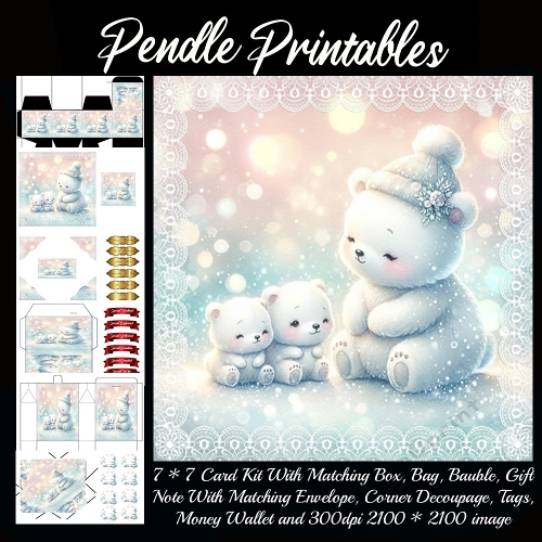 Snowbell Mama Bear Shares Cozy Love With Twin Cubs Tonight. 9 Piece 7x7 Complete Kit