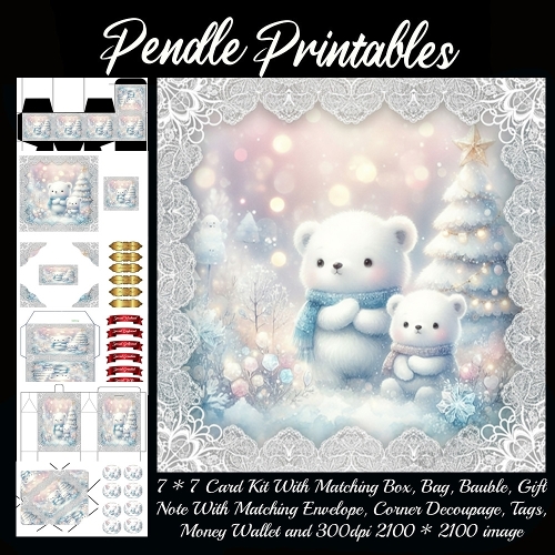 Snowbell Mama Bear Walks With Cub Through Sparkling Winter Dream. 9 Piece 7x7 Complete Kit