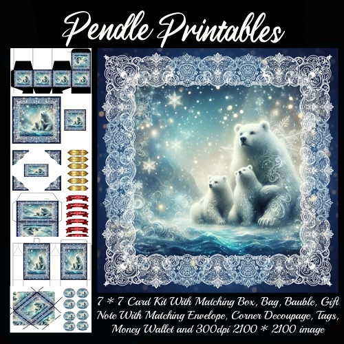 Aurora Mama Bear Guards Cubs Beneath Sparkling Arctic Night Skies. 9 Piece 7x7 Complete Kit