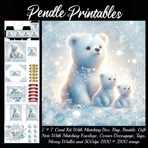 Crystal Mama Bear Watches Little Cubs Dream Beneath Falling Snow. 9 Piece 7x7 Complete Kit