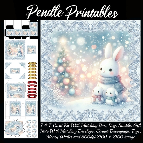 Snowhush Mama Bunny Watches Sparkle Twins Dream Beside Winter Tree. 9 Piece 7x7 Complete Kit