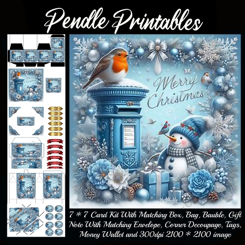 Robin Delivers Cheer As Snowman Reads Letters Beneath Winter Garland. 9 Piece 7x7 Complete Kit