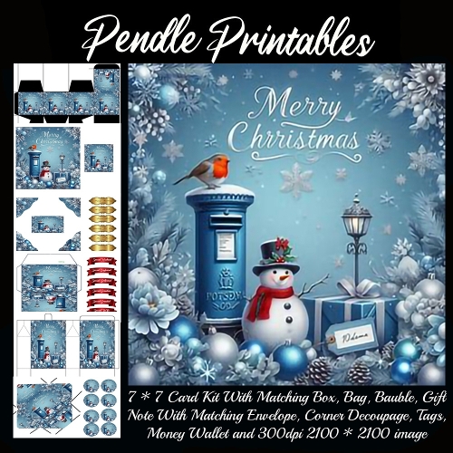 Cheeky Robin Greets Jolly Snowman Beside Postbox Sharing Christmas Giggles. 9 Piece 7x7 Complete Kit