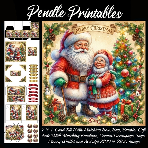 Santa And Mrs Claus Share Cozy Smiles By Sparkling Christmas Tree. 9 Piece 7x7 Complete Kit