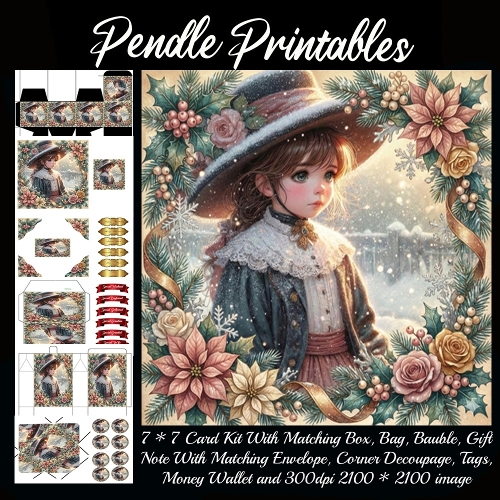 Winter Rose Girl Daydreams Softly Beneath Snowy Garland And Sparkles. 9 Piece 7x7 Complete Kit