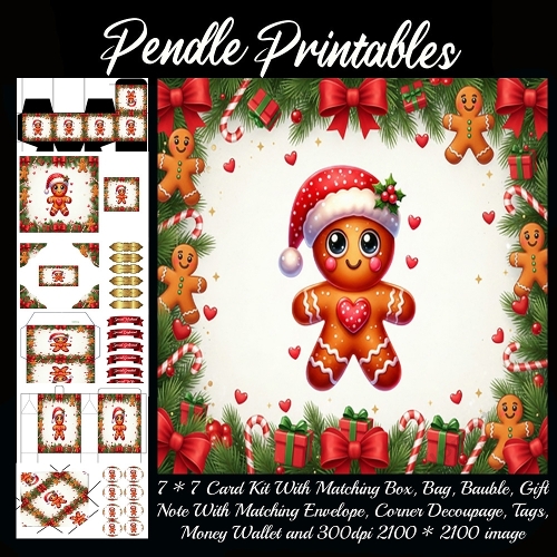 Happy gingerbread friend wears Santa hat spreading sweet Christmas love. 9 Piece 7x7 Complete Kit