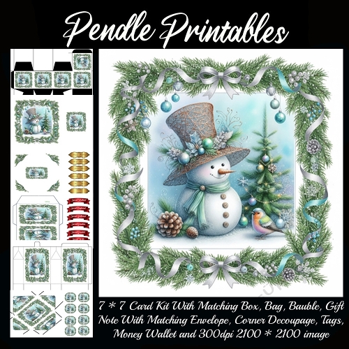 Frosty Finn the Fancy Snowman enjoys winter laughs by twinkling tree. 9 Piece 7x7 Complete Kit