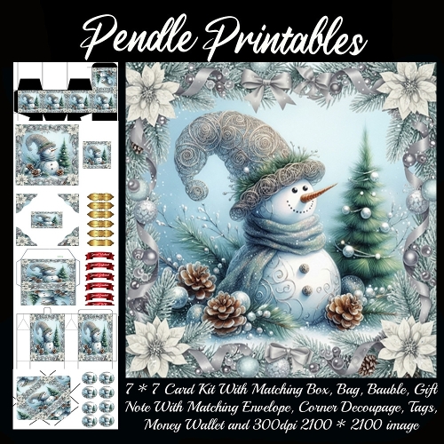A dapper snowman sparkles peacefully, guarding winter dreams beneath frosty pines.. 9 Piece 7x7 Complete Kit
