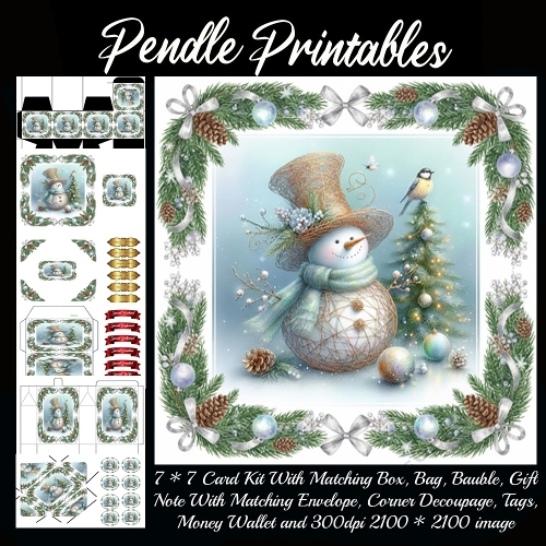 Smiling string snowman with bird friend in a wintery border.. 9 Piece 7x7 Complete Kit