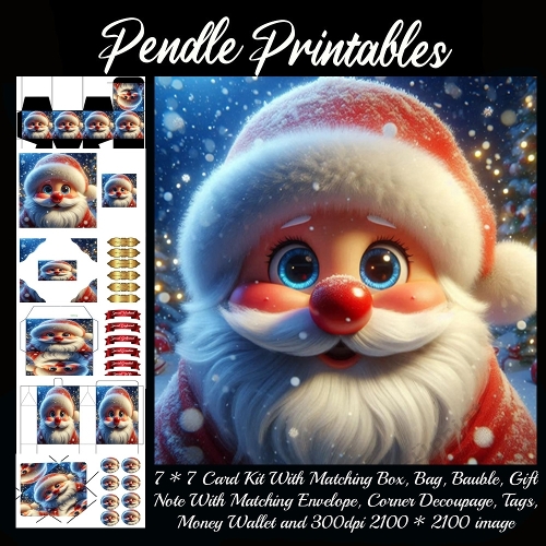 NEW STORY CARD. Sparkly wide-eyed Santa giggles through snowflakes, spreading cozy Christmas cheer!