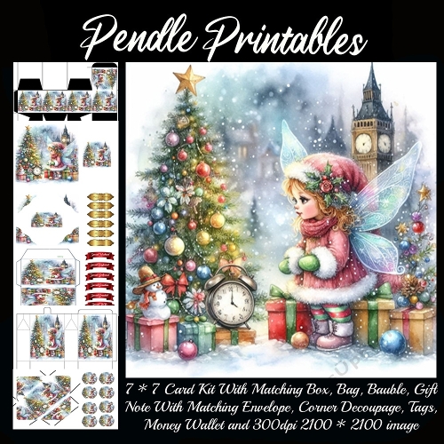 NEW STORY CARD. Curious Christmas fairy waits impatiently as snow sparkles around ticking gifts.