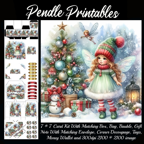 NEW STORY CARD. Cheerful Christmas fairy twirls beside sparkling tree, snowflakes dancing everywhere!