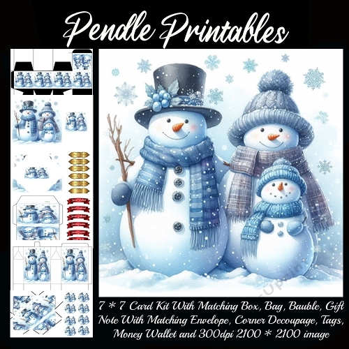 NEW STORY CARD. Smiling snowman family cuddles together as gentle snowflakes fall softly.