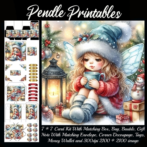 NEW STORY CARD. Cozy Christmas fairy sips cocoa, wings glowing beside twinkling lanterns.
