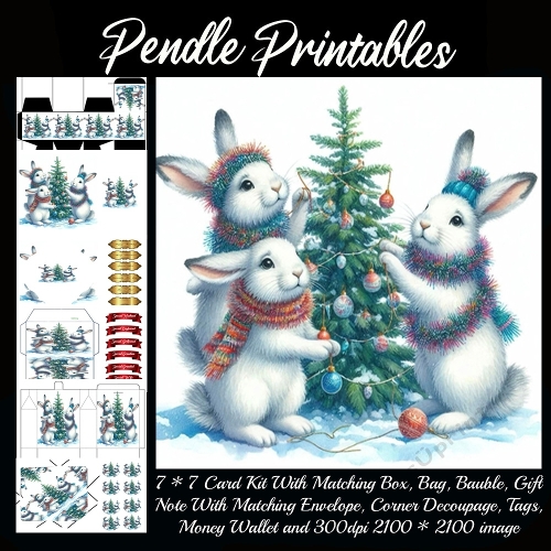 NEW STORY CARD. Playful bunnies decorate tiny Christmas tree, scarves sparkling with festive cheer!