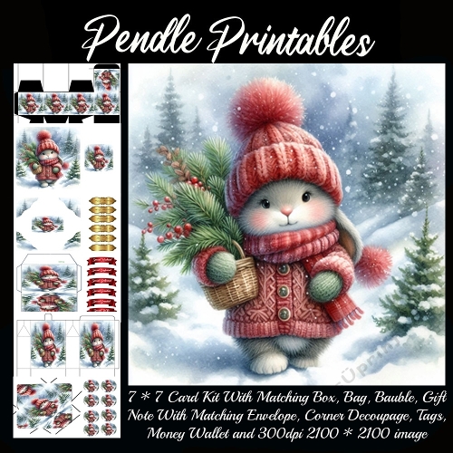 NEW STORY CARD. Bundled bunny trots through snow, carrying evergreen cheer everywhere today!