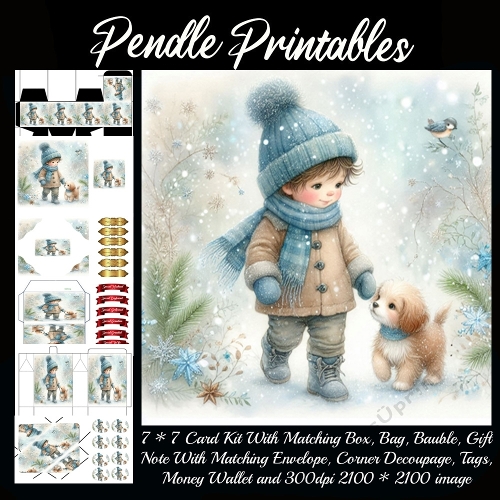 NEW STORY CARD. Bundled little explorer strolls through snow, puppy trotting happily beside.