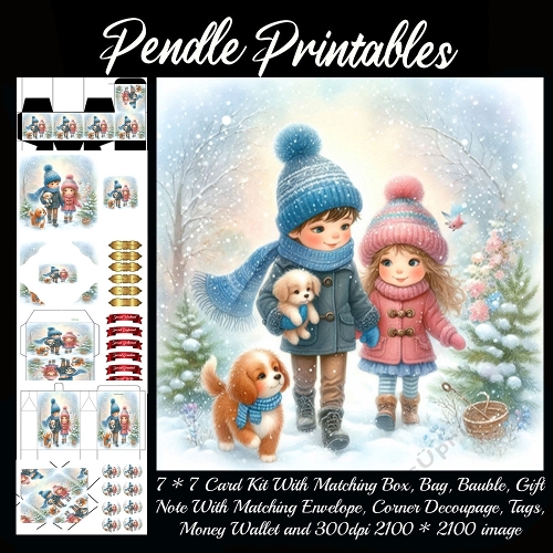 NEW STORY CARD. Cheerful winter friends wander snowy path, puppies bouncing happily alongside.