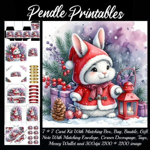 NEW STORY CARD. Festive bunny in Santa coat glows beside lantern, spreading cozy cheer!