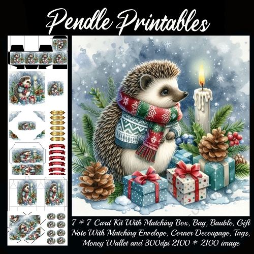 NEW STORY CARD. Curious hedgehog admires candlelight, guarding festive gifts in snowy silence.