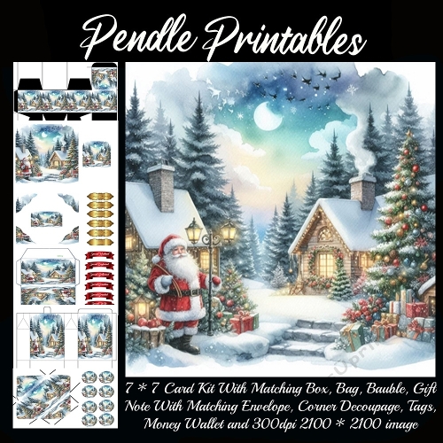 NEW STORY CARD. Jolly Santa tiptoes through snowy village, twinkly lights giggling everywhere!