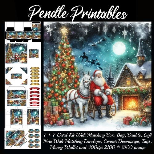 NEW STORY CARD. Happy Santa pauses with pony, presents twinkling under moonlit Christmas magic!