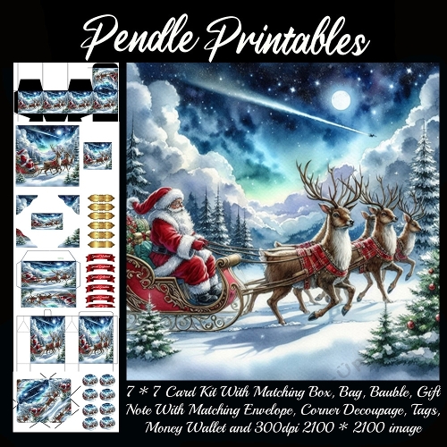 NEW STORY CARD. Santa zooms joyfully with reindeer, sleigh sparkling under starry skies!