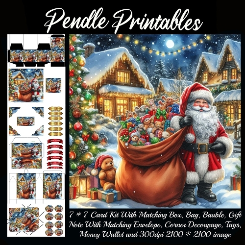 NEW STORY CARD. Cheery Santa hauls toy-filled sack, teddy friends peeking under twinkly lights!