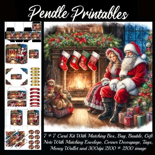 NEW STORY CARD. Cozy Santa cuddles Mrs. Claus, fireplace crackling, stockings smiling happily.